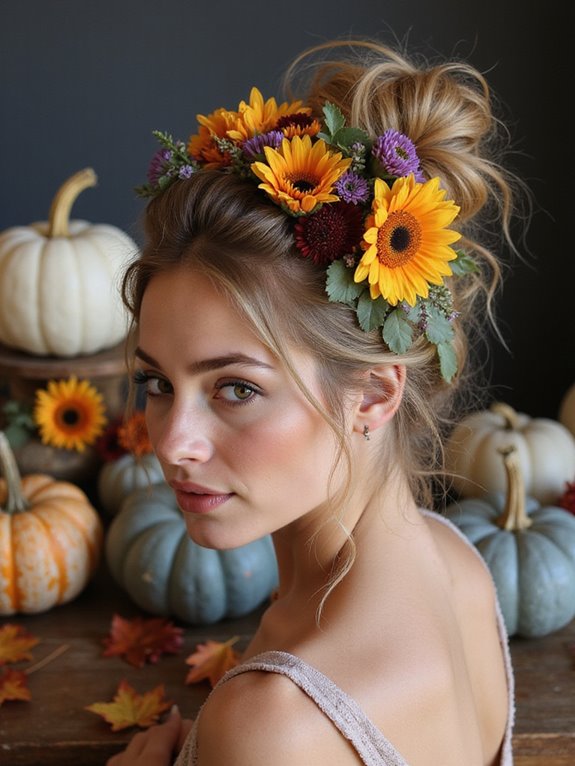 autumn messy bun florals