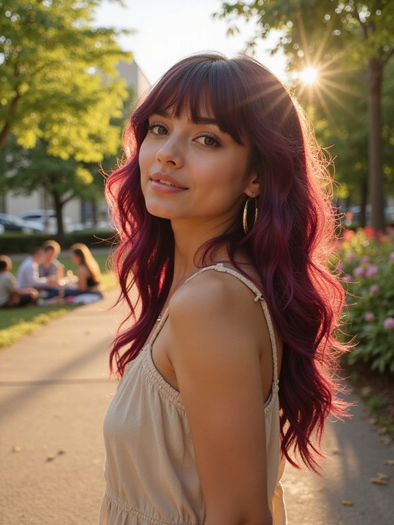 bold burgundy side swept bangs