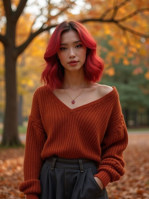 bold crimson lob hairstyle