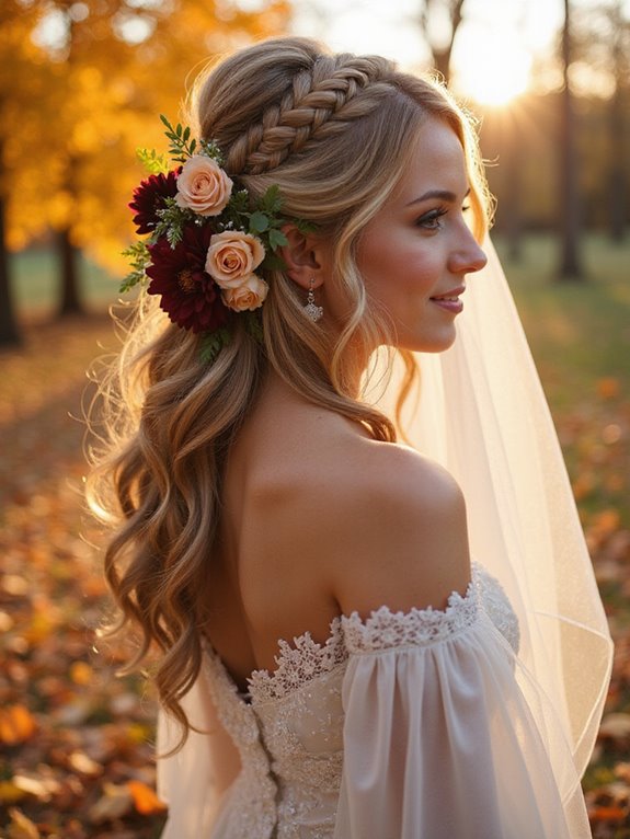 braided half up floral hairstyle