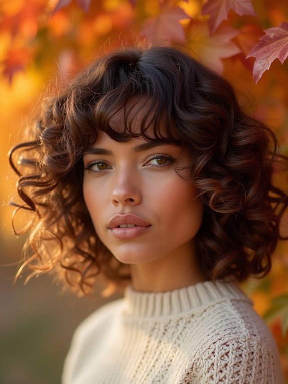 curly lob hairstyle with bangs