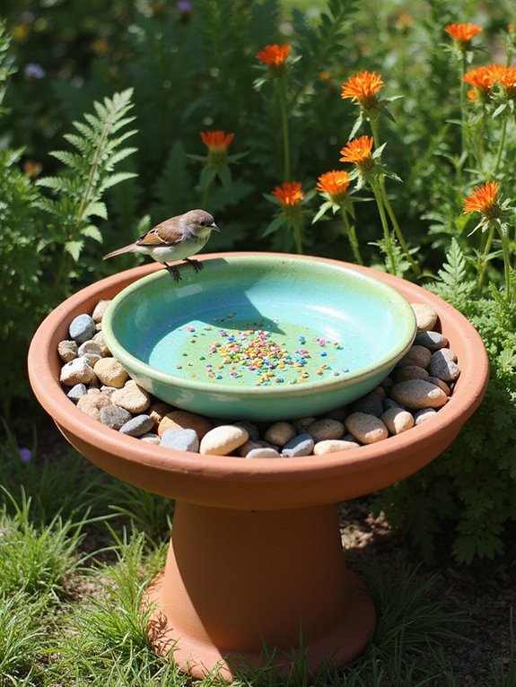 decorative stones enhance birdbath