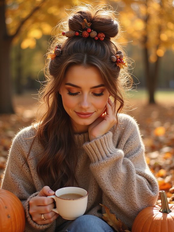 messy bun with autumn embellishments