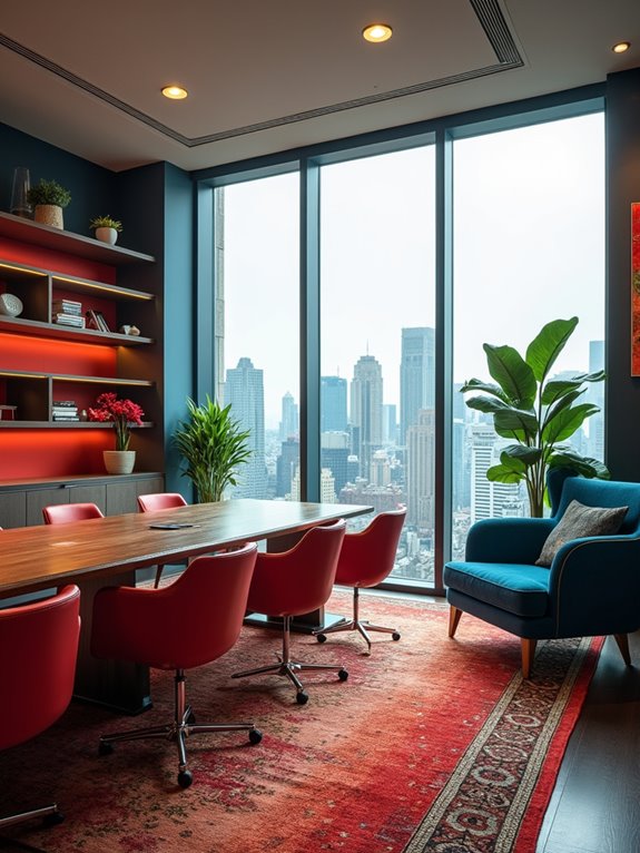 chic red cornflower blue workspace