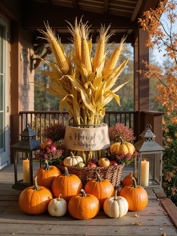 cornstalks and mini pumpkins