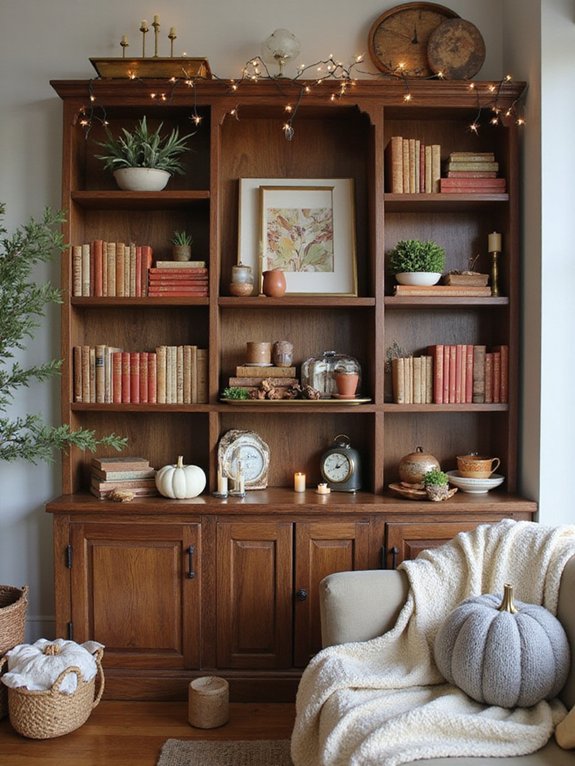 cozy autumn bookshelf styling
