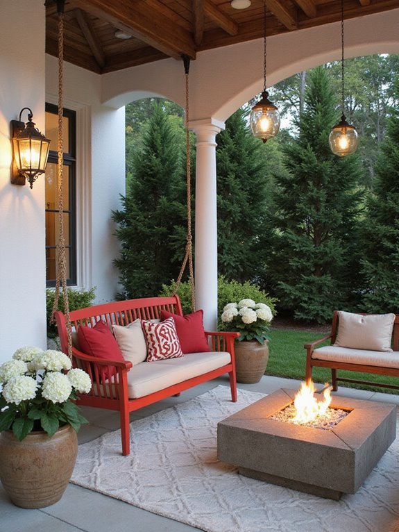 cozy red porch swing