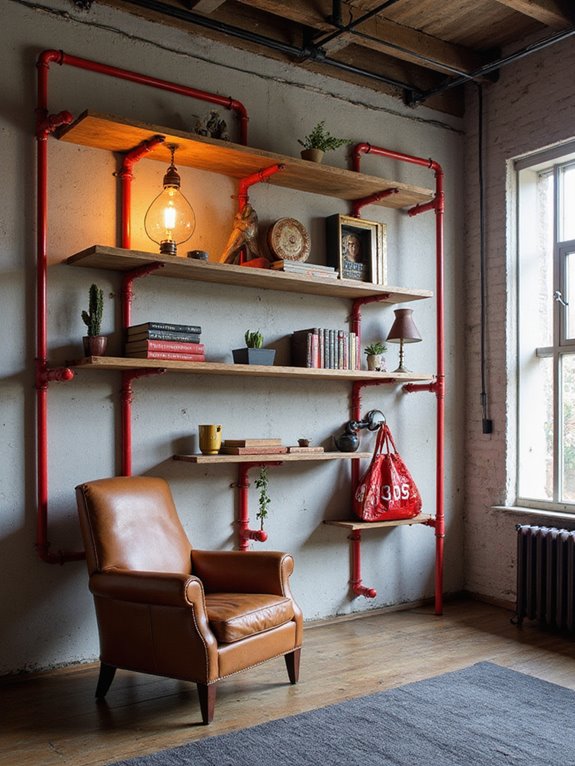 diy red pipe shelves