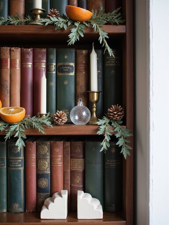 festive bookshelf ornament arrangement