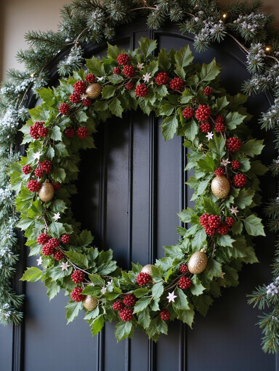 festive green and red wreaths