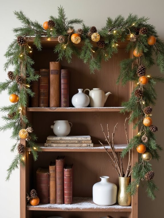 festive pinecone bookshelf garlands