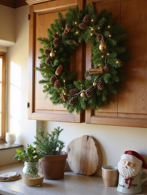 festive wreath above cabinets