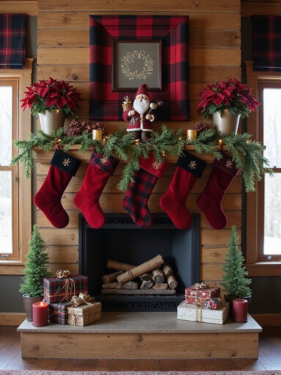 plaid christmas mantle decor