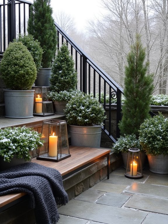 potted evergreens brighten patios