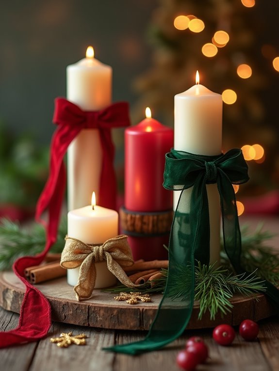 ribbon wrapped festive candles