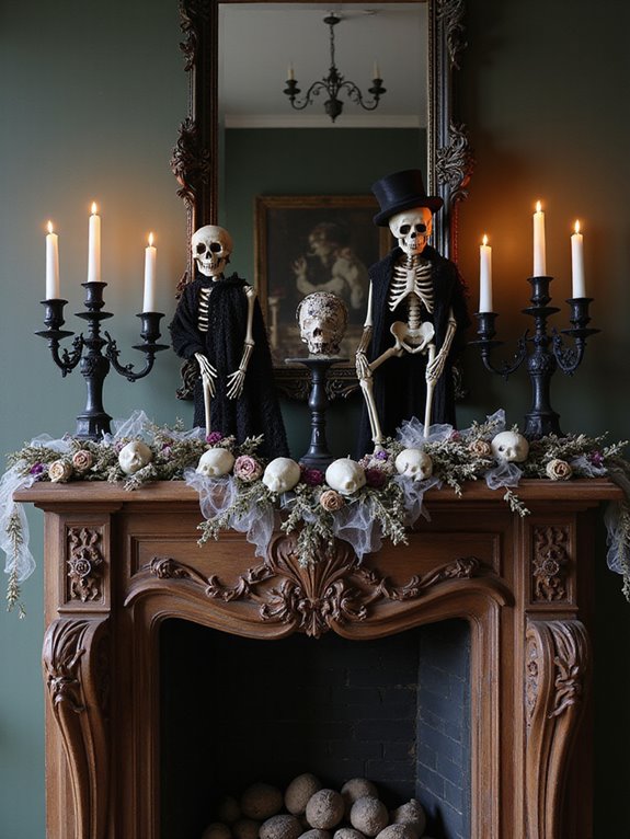 spooky skeleton fireplace decor