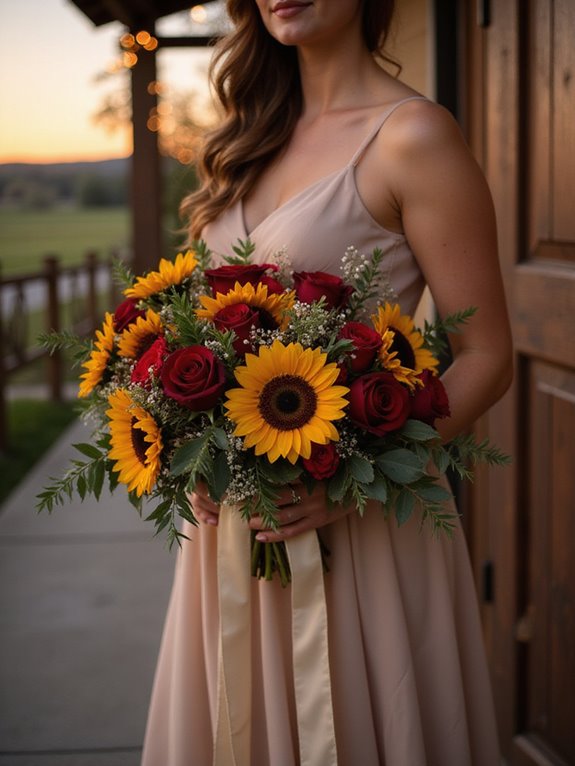 sunflowers and red roses