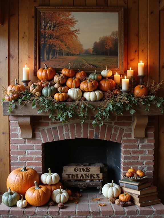 vibrant mantel pumpkin display