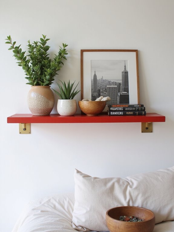 vibrant red bedroom shelves