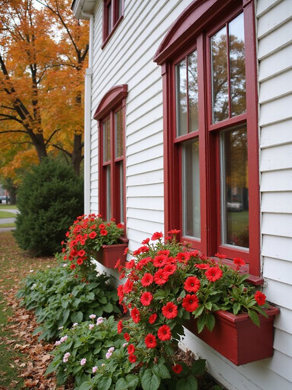 vibrant red flower window boxes