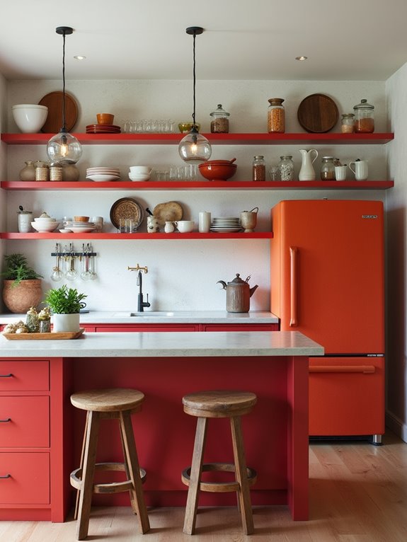 vibrant red kitchen shelves