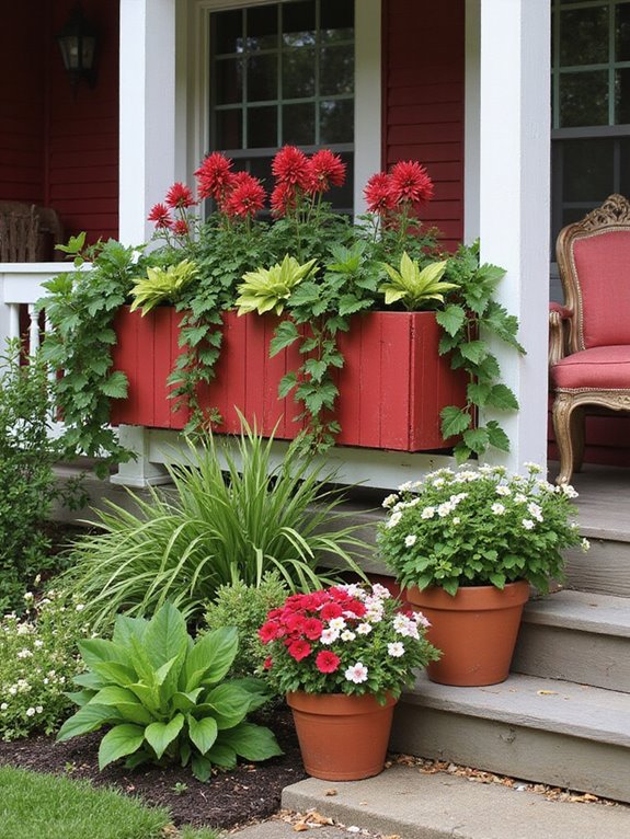 vibrant red planter boxes