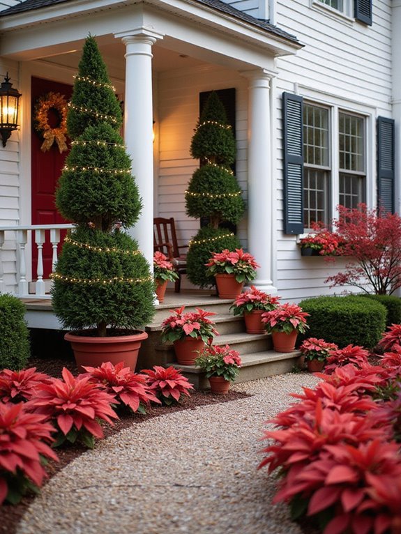 vibrant red potted topiaries