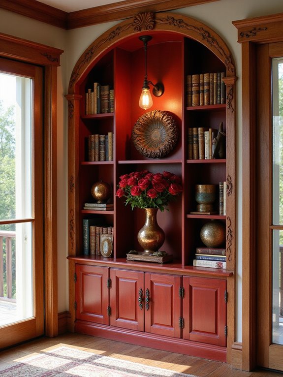 vintage red arched shelves