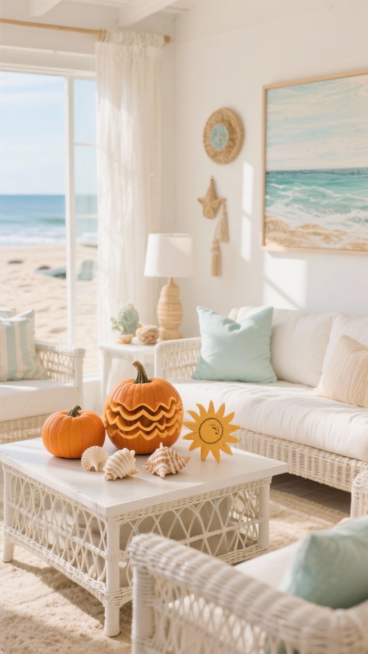 **A bright beach-themed retreat radiating warmth and light. The scene captures white wicker furniture and rattan sofas adorned with pastel cushions, set against a backdrop of coastal decor. On a side table, pumpkins carved with wave patterns, seashells, and sun motifs are displayed. The overall decor in sandy hues and ocean-inspired art contributes to a cheerful, relaxed vibe, perfectly lit by soft natural daylight.**