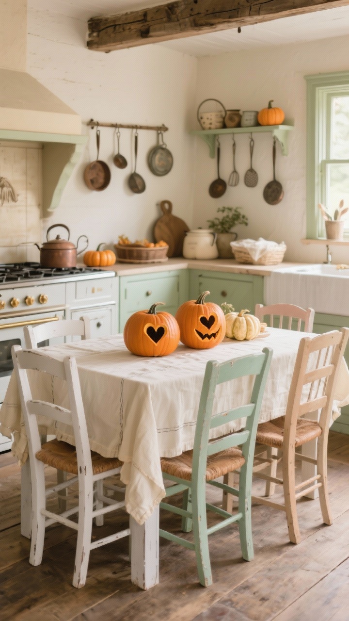 **A charming cottage kitchen that exudes warmth and nostalgia. The scene features a rustic farmhouse dining table with mismatched chairs painted in white and soft pastels. Centered on the table are pumpkins carved with simple heartwarming designs, along with vintage kitchen utensils hanging decoratively on the walls. Soft linens in shades of cream and sage subtly drape the table, creating a cozy, inviting kitchen atmosphere.**
