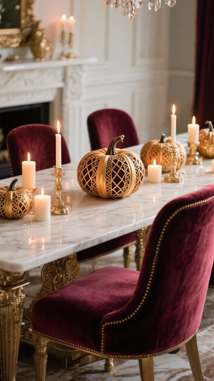 **A closeup of an elegant dining table set with luxurious velvet chairs, flickering candlelight, and ornate pumpkins featuring geometric and lace-like carvings. The scene is highlighted with deep burgundy, gold, and ivory elements in the decor, evoking a sophisticated atmosphere.**