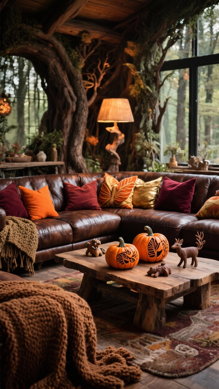 **A cozy living room designed as a whimsical woodland retreat, featuring a plush dark brown leather sofa adorned with vibrant throw pillows in shades of orange, gold, and deep burgundy. A rustic wooden coffee table displays uniquely carved pumpkins with intricate leaf patterns and woodland creatures, surrounded by chunky knit throws. The room is illuminated with warm, soft lighting that enhances the earthy color palette, evoking a comfortable forest ambiance.**