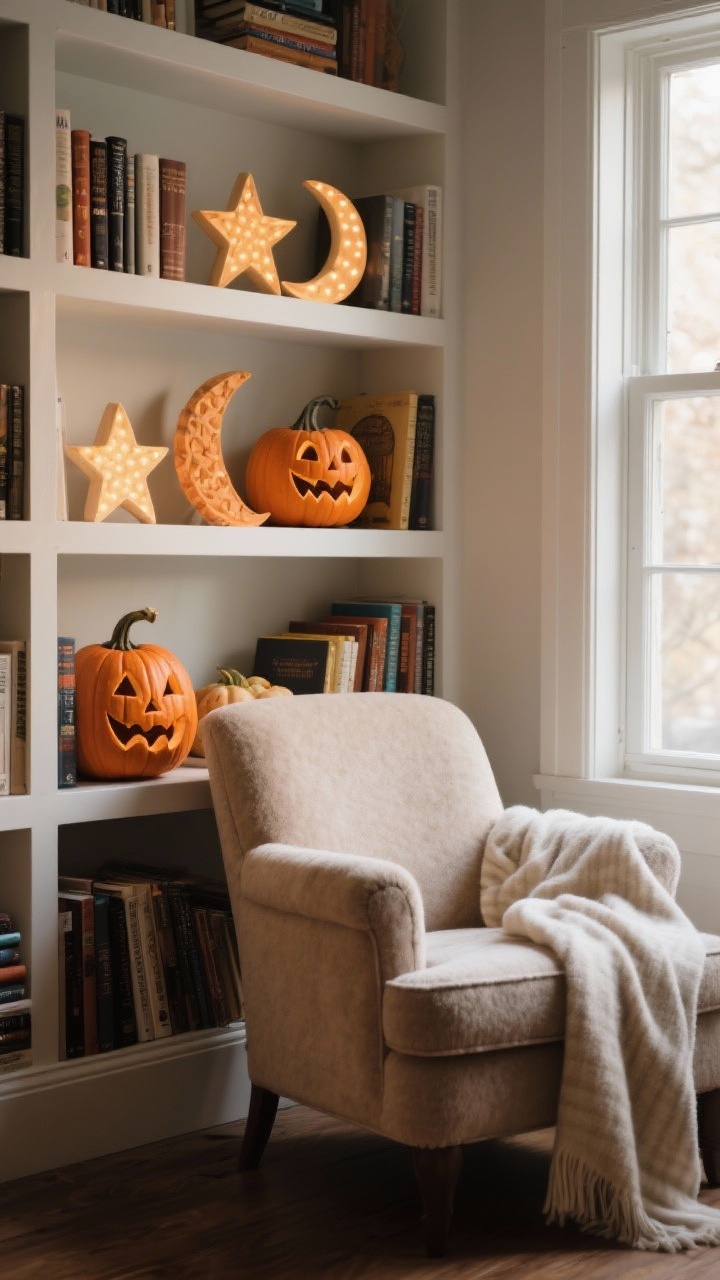 **A detail shot of a cozy reading nook featuring a plush armchair with a soft throw blanket draped over it, and a bookshelf filled with beloved books. Whimsical pumpkin carvings shaped like stars and moons sit on the shelf, all illuminated by gentle natural light streaming through a window, creating a warm ambiance.**