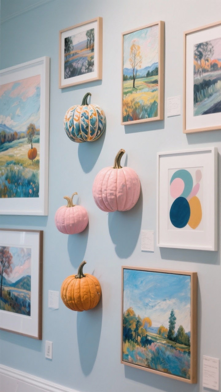 **A detail shot of an art-inspired gallery wall showcasing various paintings and photographs, with artistic pumpkins designed in impressionist landscapes and abstract shapes featured among the gallery pieces. The color palette includes muted blues and subtle pinks, creating an inspiring and creative atmosphere.**