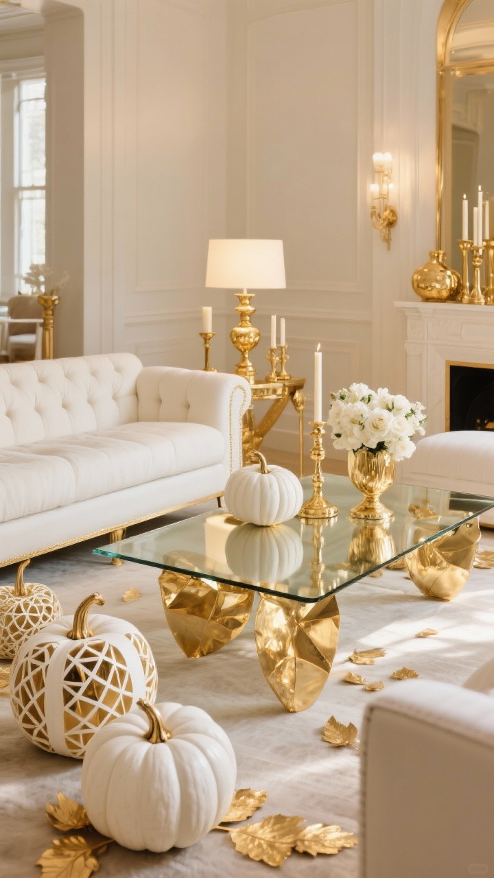 **A luxurious living space showcasing glamorous golden elegance. The scene captures a plush white sofa accented with gold details positioned next to a glass coffee table that sparkles in ambient light. Scattered around are white pumpkins intricately carved with geometric designs and highlighted with gold leaf. The elegant decor includes golden candlesticks and vases filled with white flowers, providing an enchanting glow in the softly lit room.**