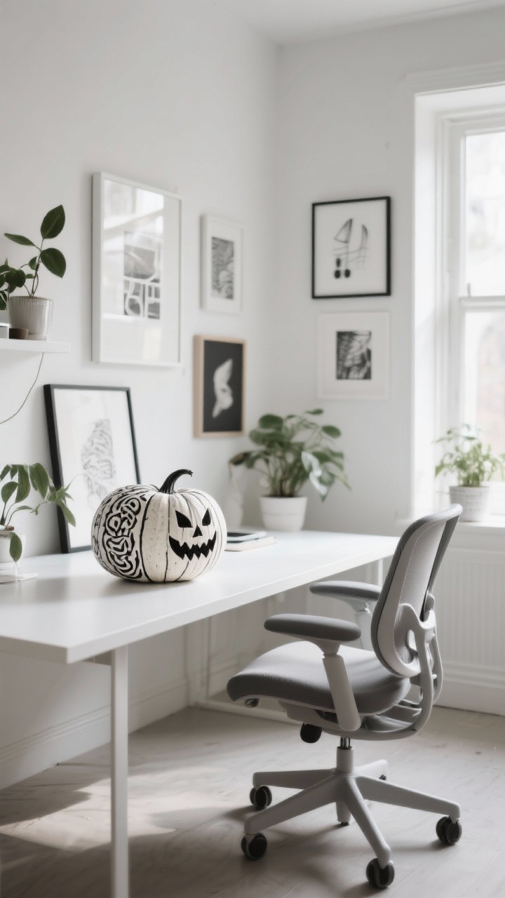 **A medium shot of a clean and serene minimalist workspace featuring a simple white desk and ergonomic chair. One elegantly carved pumpkin with a monochromatic design rests on the desk, surrounded by inspirational art pieces on the walls and a few potted plants, all illuminated by soft, natural light.**