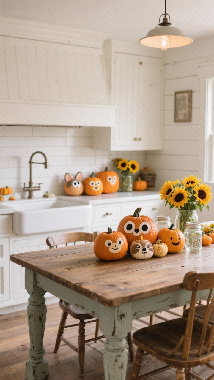 **A medium shot of a farmhouse kitchen showcasing white shiplap walls, a vintage-style dining table, and a farmhouse sink, with a cheerful arrangement of playful pumpkins featuring cute animal faces and simple expressions placed on the kitchen island among sunflowers and mason jars, under soft overhead lighting.**