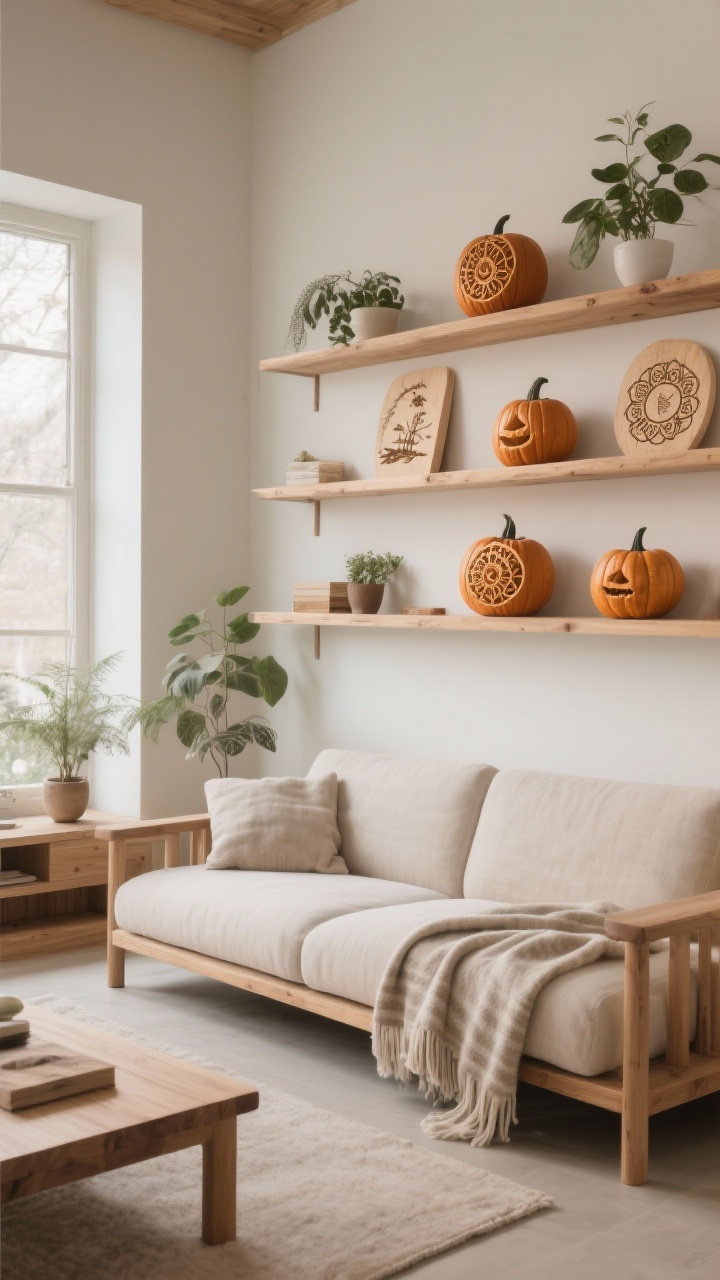 **A minimalist zen den designed for tranquility, showcasing a low-profile, neutral-colored sofa with clean lines and natural wood accents. The space is adorned with simple, elegant pumpkin carvings depicting peaceful mandalas or calming nature scenes, arranged on wooden shelving. Soft textures from throw blankets and indoor plants add a touch of warmth, all bathed in soft, serene lighting that enhances the calming environment.**
