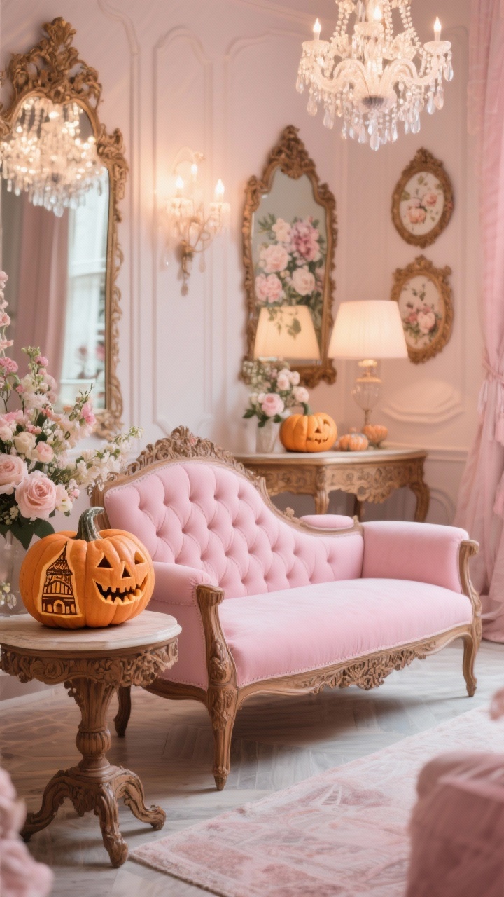 **A romantic Parisian lounge that epitomizes elegance and whimsy. The scene features a tufted chaise lounge in soft pink, elegantly paired with ornate wooden accents. On a decorative side table, pumpkins are carved with elegant designs reflecting Parisian architecture and delicate florals. Soft lighting from chandeliers enhances the sophistication, while mirrors with ornate frames and floral prints complete the luxurious ambiance of the space.**