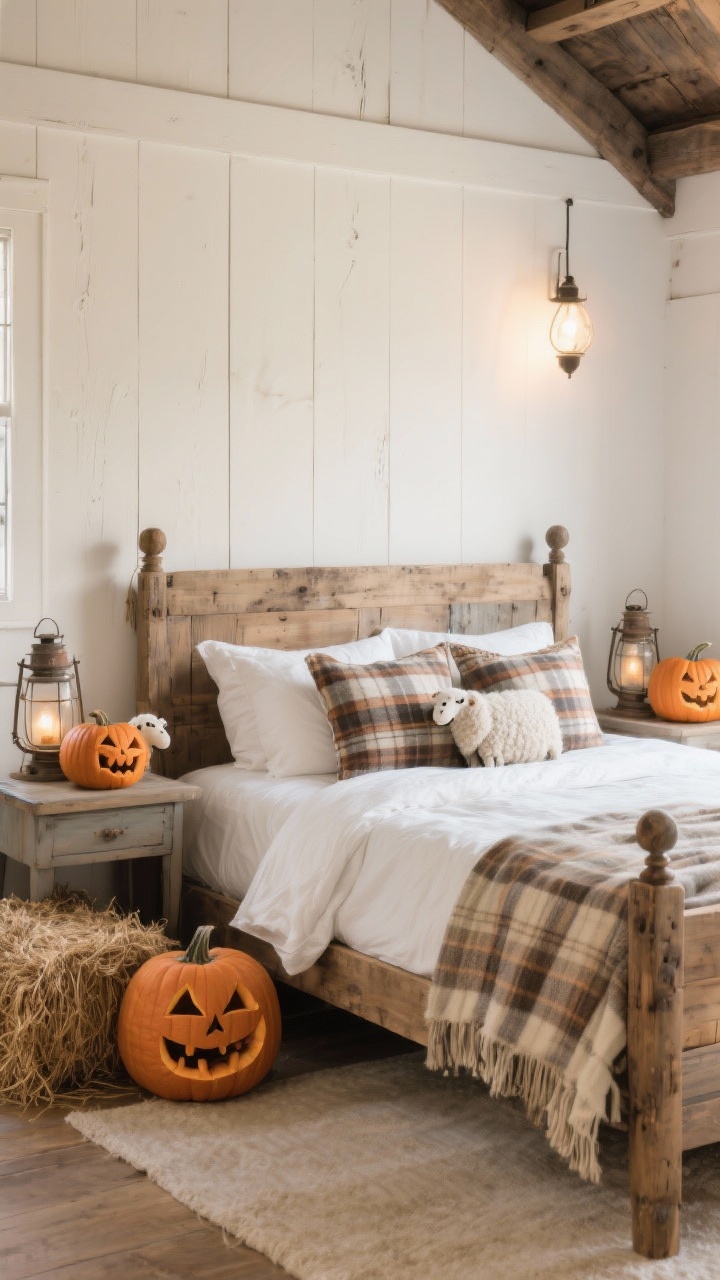 **A rustic farmhouse bedroom designed as a tranquil sanctuary, featuring a reclaimed wood bed frame paired with soft white linens for a cozy touch. The room includes pumpkins carved with rustic motifs like hay bales or sheep, placed on bedside tables. Layered plaid throw pillows and vintage lanterns add character, bathed in soft, warm lighting that enhances the peaceful ambiance.**