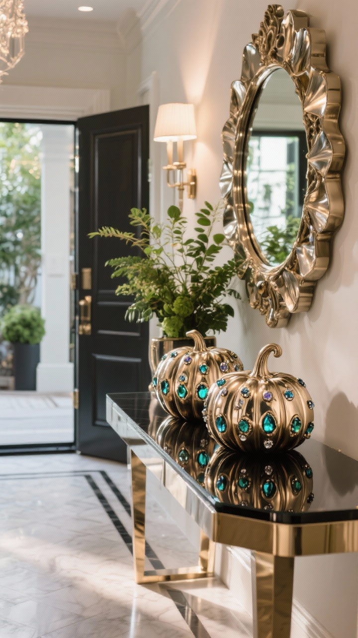 **A straight-on view of a glamorous entryway showcasing a sleek console table topped with beautifully carved metallic pumpkins adorned with faux gems, complemented by a statement mirror and lush greenery around, all captured under stylish and chic lighting that enhances the allure of the space.**