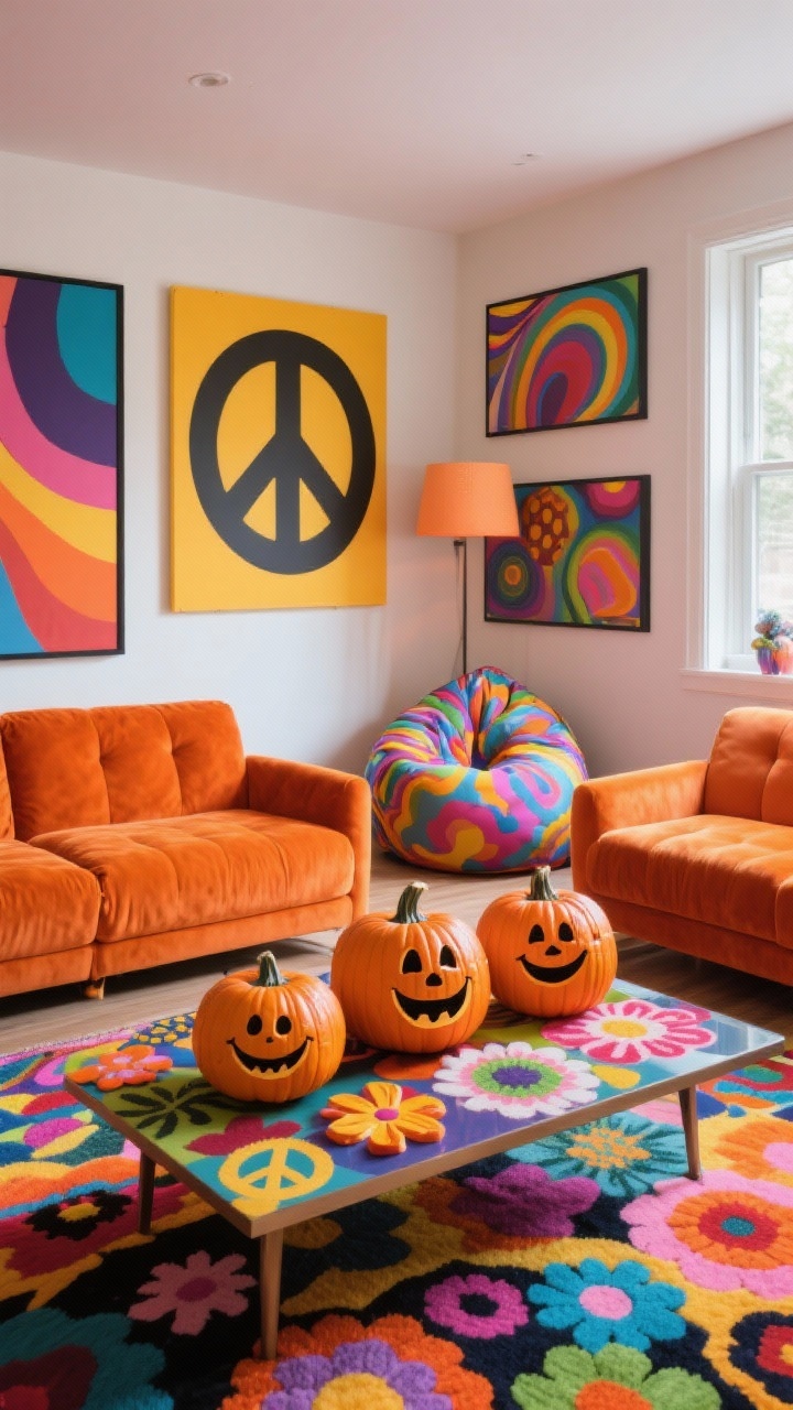 **A vibrant media room filled with funky retro vibes, displaying bright orange velvet couches and a psychedelic bean bag chair. The walls are adorned with oversized wall art and colorful patterned rugs, creating a playful atmosphere. In the foreground, pumpkins with fun, smiley faces and popular retro patterns like peace signs and flowers are artistically arranged on a coffee table, emphasizing the vibrant decor style.**