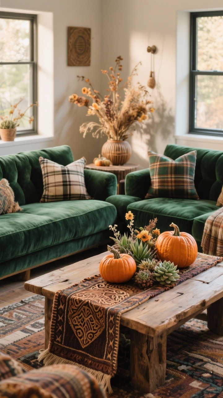 **A wide shot of a boho-chic living room featuring a deep emerald sofa with plaid and velvet pillows, a rustic coffee table adorned with a tapestry runner, and intricately carved earthy-toned pumpkins nestled between dried flowers and succulents, all bathed in warm, inviting light.**