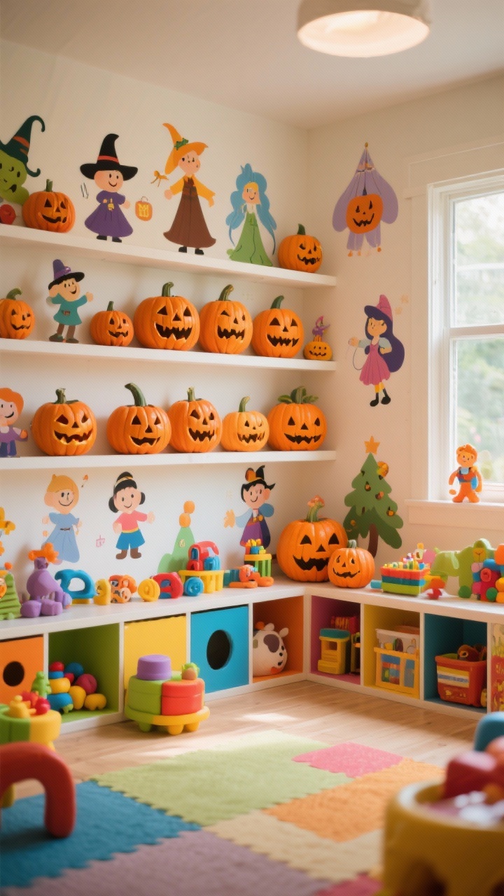 **A wide shot of a vibrant kids' playroom filled with bright colors, playful toys, and fun wall decals. A collection of whimsical pumpkin carvings depicting cartoon characters and fairy tale scenes is arranged on shelves, creating an atmosphere of joy and creativity in the warm, inviting light.**