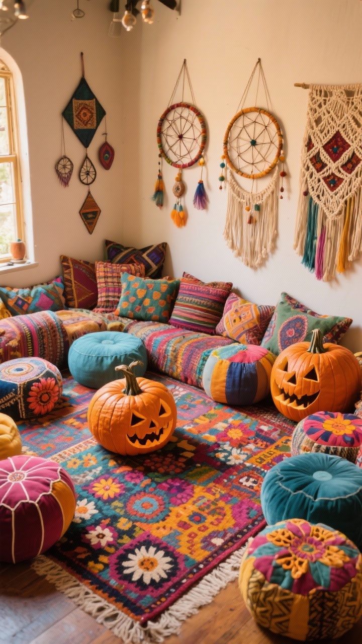 **An eclectic bohemian space bursting with color and creativity. The image captures a mix of colorful poufs, oversized cushions, and a vibrant patterned area rug from a top-down view. On display are adventurous pumpkin carvings—dreamcatchers, geometric shapes, and flower patterns—that reflect the eclectic style. Rich textiles and macramé wall hangings add depth, enveloped in warm, inviting lighting for a lively atmosphere.**