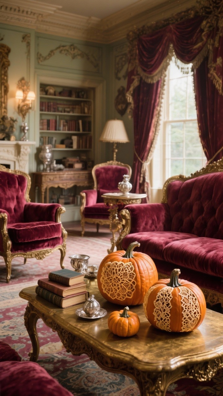**An enchanting Victorian parlor room filled with classic elegance. The scene features plush vintage furnishings, including velvet armchairs and a grand loveseat, all in rich colors like burgundy and gold. On a stylish table, pumpkins are delicately carved with lace patterns, reflecting the intricate textiles of the era. Antique books and silver accents complete the charm, with soft, diffused lighting enveloping the room in warmth.**