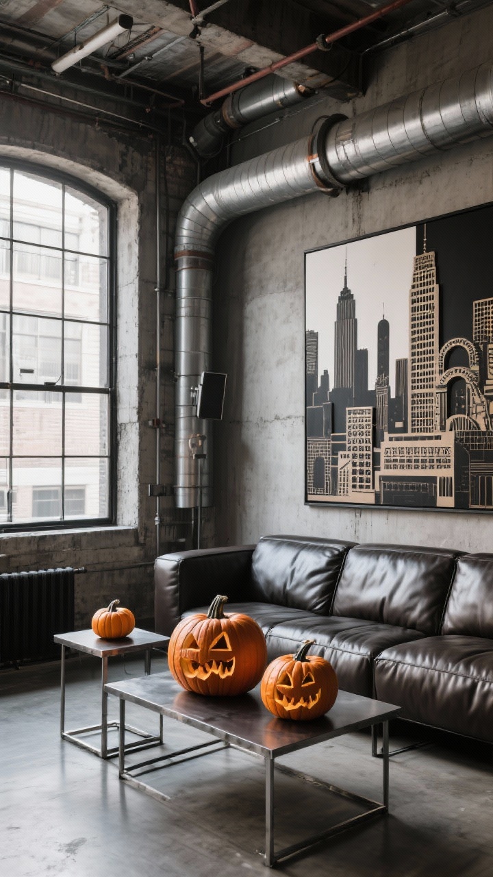 **An impressive industrial loft featuring bold and modern aesthetics, captured from a corner angle showing a sleek leather sectional and metal accent tables. On a low table, creatively carved pumpkins mimic architectural designs like cityscapes and industrial patterns. The backdrop shows exposed pipes and concrete walls, along with oversized artwork that adds character and sophistication to the edgy loft space.**