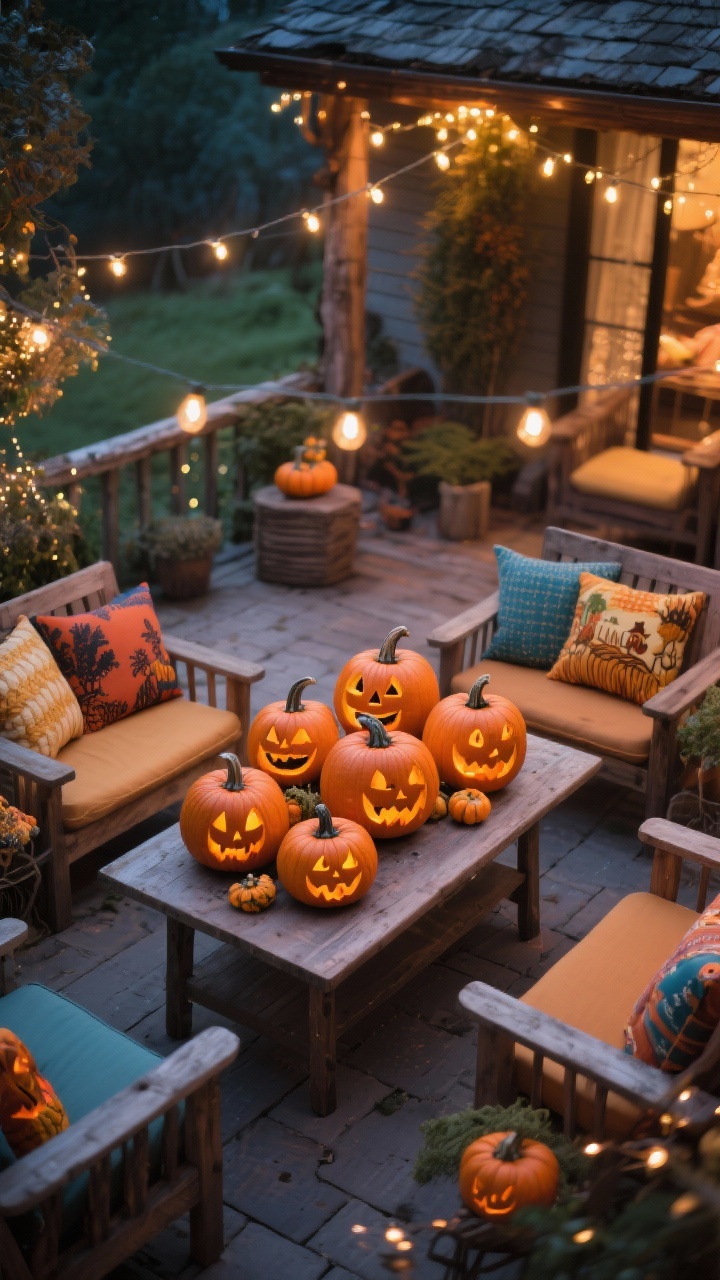 **An overhead view of a rustic outdoor patio featuring wooden furniture, colorful cushions, and fairy lights strung across the space. A grouping of pumpkins carved with harvest scenes and traditional jack-o'-lantern faces is artfully placed on a table, inviting warmth and coziness as evening lights twinkle gently.**