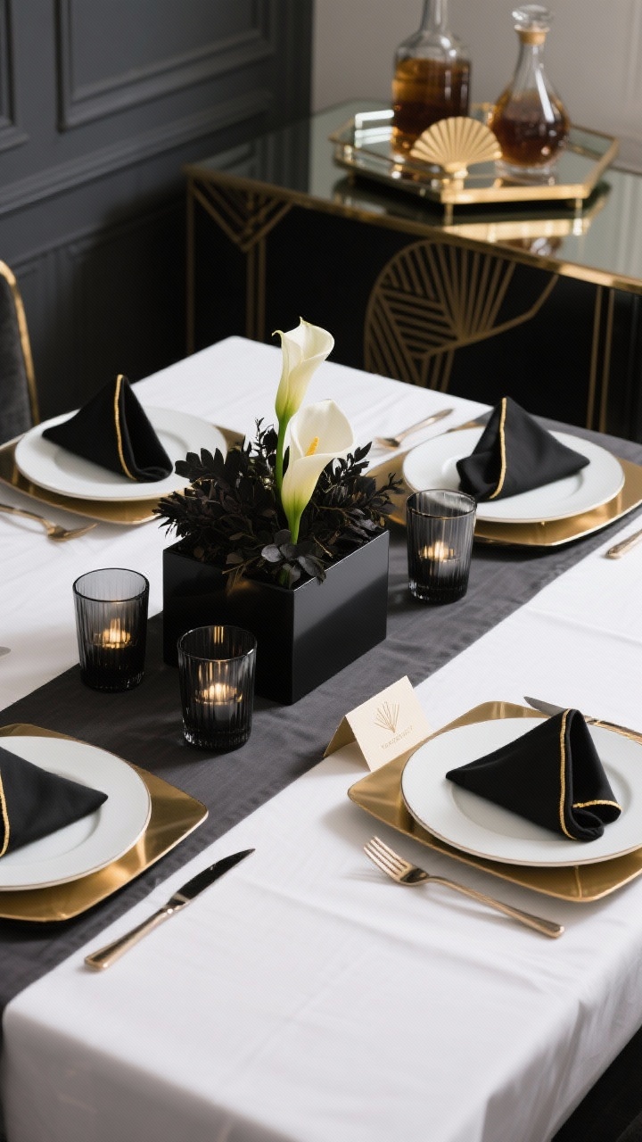Angled corner medium shot of a contemporary Art-Deco-inspired table: crisp white cloth topped with a charcoal runner; geometric brushed brass chargers framing square white porcelain plates with angled edges; centerpiece of low black cubes filled with dark foliage and calla lilies; smoked glass votives adding moody glow. Black napkins with thin gold piping folded into sharp triangles, black titanium flatware, Art-Deco fan place cards, mirrored tray with decanters in the background. Graphic, glamorous, gold glints, controlled shadows, photorealistic.