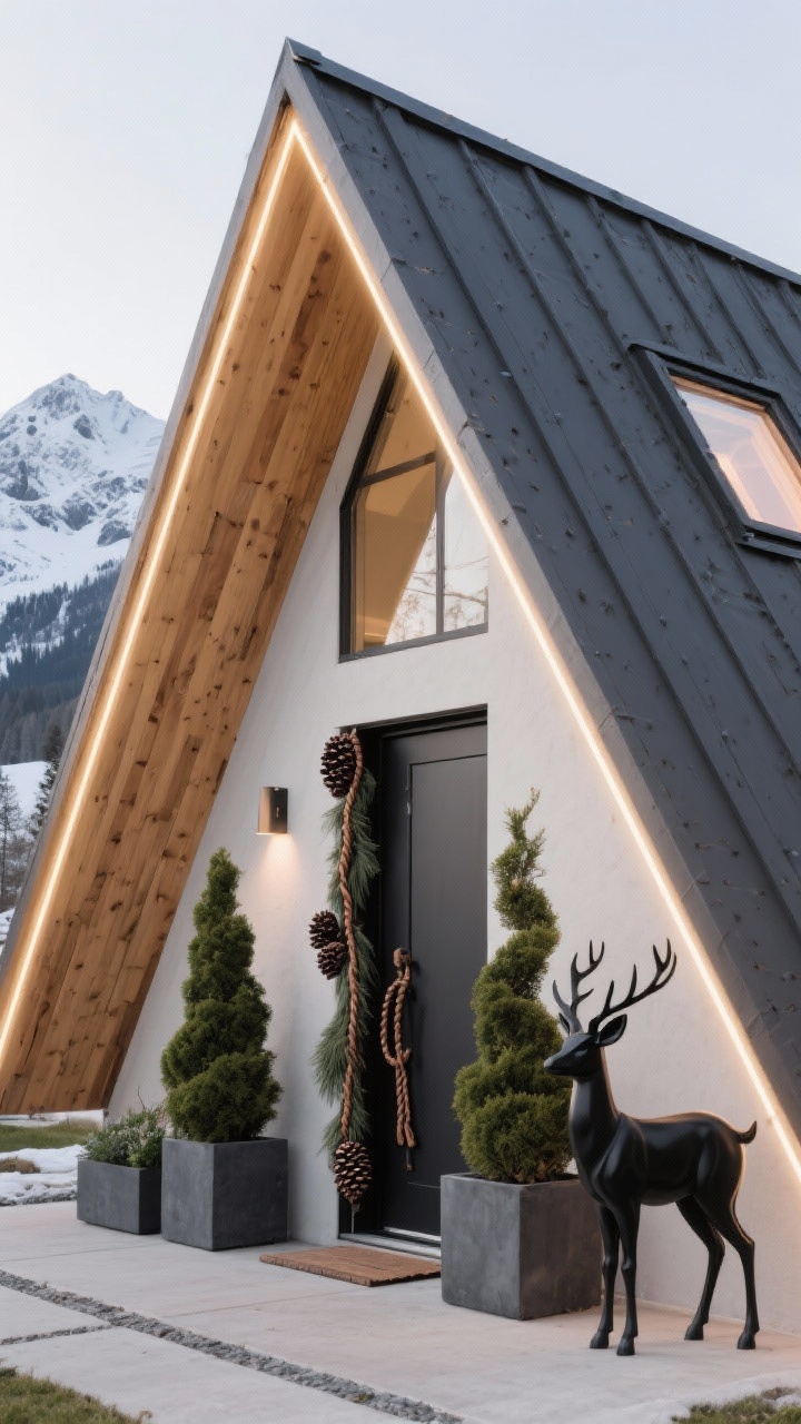 Angular wide shot of an alpine A-frame or mid-century exterior: sharp rooflines precisely outlined in warm-white LEDs, triangular topiary forms echoing the architecture, raw wood accents and charcoal-gray planters at the entry, a long vertical swag trailing beside the door with pinecones and leather cord, and matte black deer silhouette sculptures for a clean alpine vibe.